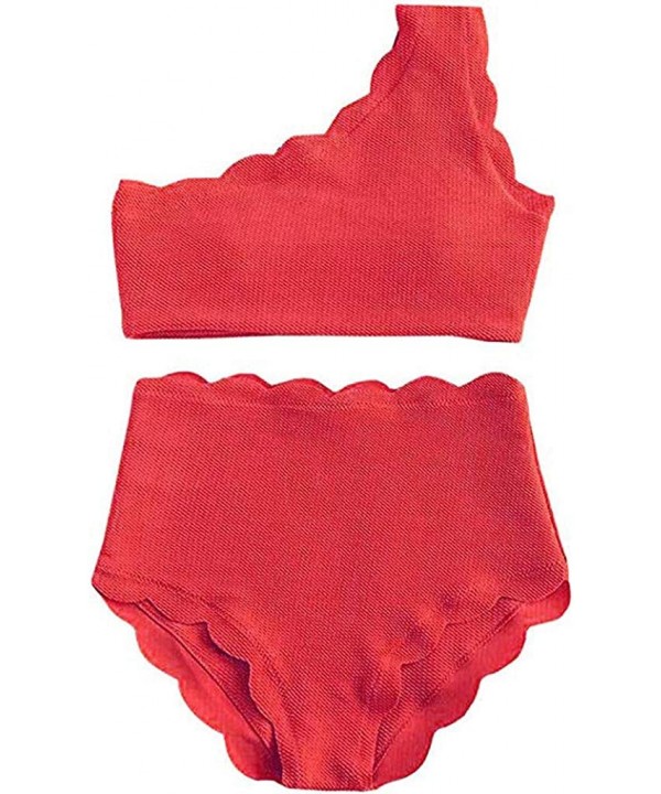 Womens High Waisted Scalloped Flounce Trim One Shoulder Two Pieces Bikini Bathing Suit Lady Vintage Swimsuit Red - C818TD0WCA...