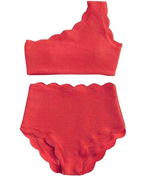 Womens High Waisted Scalloped Flounce Trim One Shoulder Two Pieces Bikini Bathing Suit Lady Vintage Swimsuit Red - C818TD0WCA...