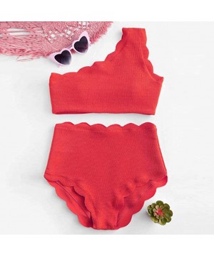 Womens High Waisted Scalloped Flounce Trim One Shoulder Two Pieces Bikini Bathing Suit Lady Vintage Swimsuit Red - C818TD0WCA...