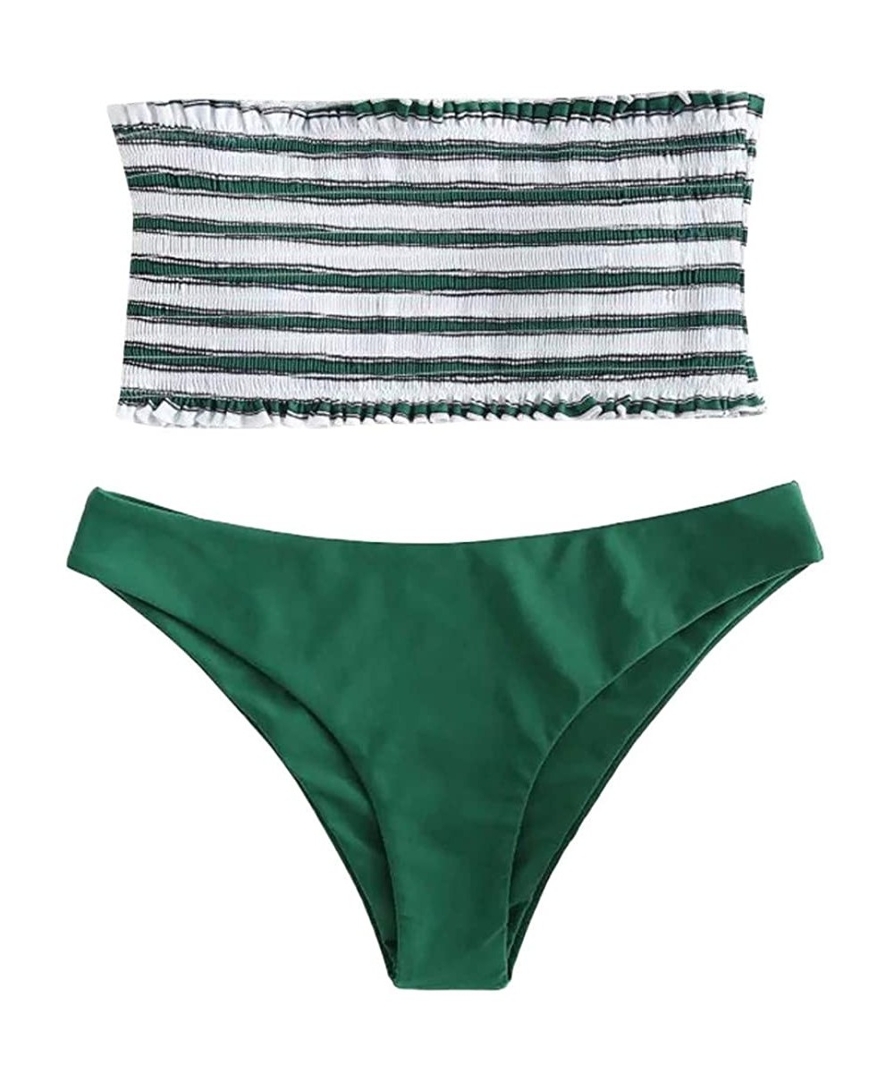 Women's Two Piece Stripe Strapless High Cut Bandeau Bikini Set Swimsuit 2 Piece - Green - CW18O4Y5C4H $13.54-Racing