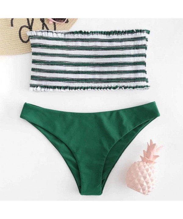 Women's Two Piece Stripe Strapless High Cut Bandeau Bikini Set Swimsuit 2 Piece - Green - CW18O4Y5C4H $13.54-Racing