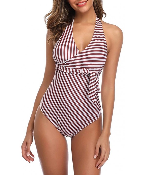 Women Sexy One Piece Swimsuits Halter Plunge V Neck Low Back Cutout Swimwear - Bp White - CU19CYUX2CM $25.43-One-Pieces