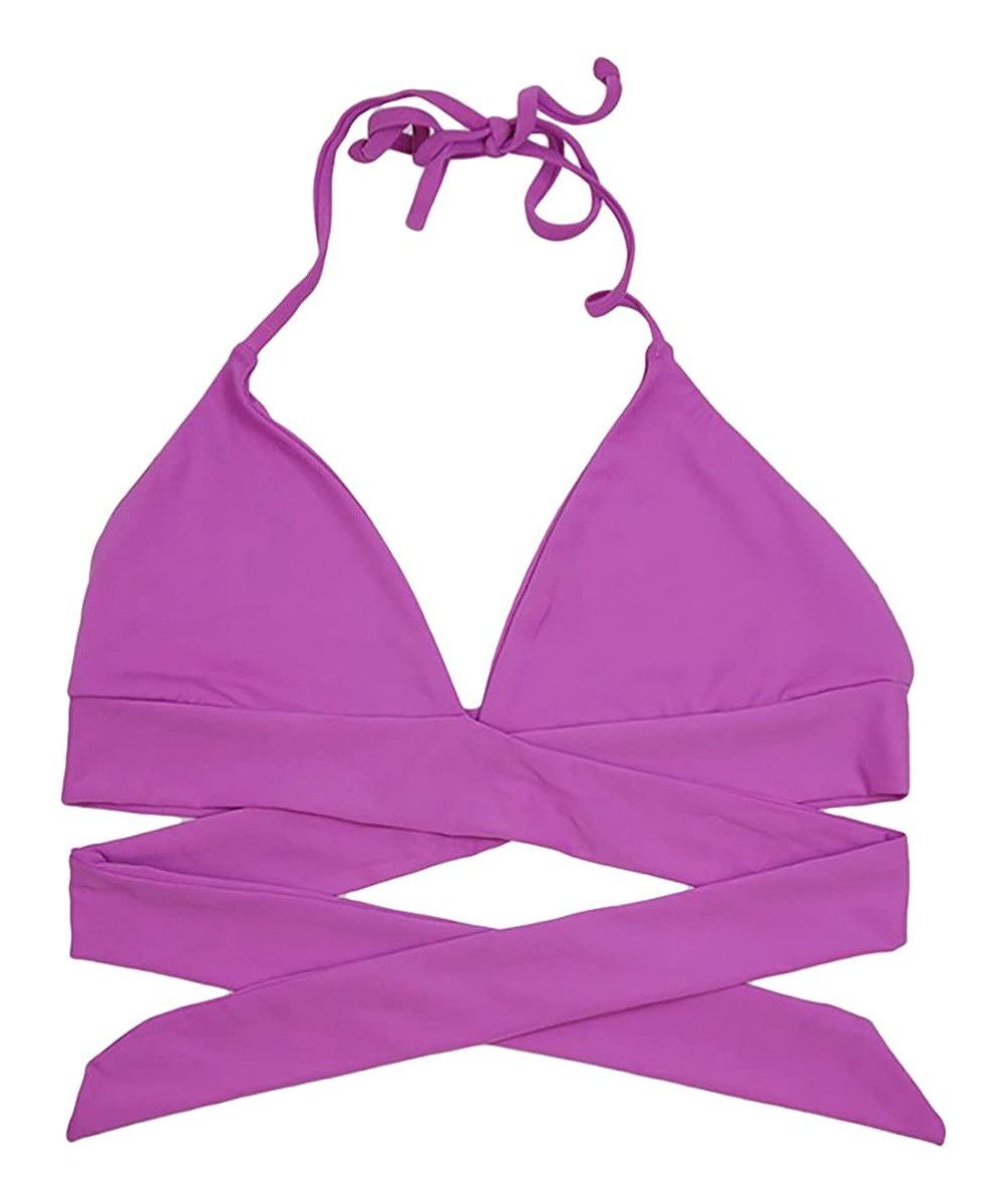 Women's Seamless Self-Lined Wrap-Around Halter Bikini Top - V-neck Purple - CS18CY6USRC $23.32-Tops