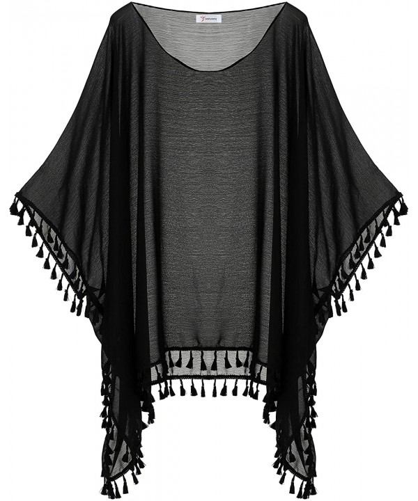 Women's Plus Size Swimsuit Cover Up Beach Tassel Chiffon Pool Swimwear Dress for Summer - Black - CJ1998Z9OEG $12.40-Cover-Ups