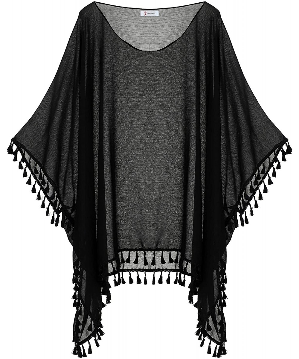 Women's Plus Size Swimsuit Cover Up Beach Tassel Chiffon Pool Swimwear Dress for Summer - Black - CJ1998Z9OEG $12.40-Cover-Ups