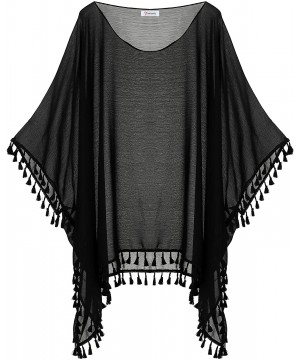 Women's Plus Size Swimsuit Cover Up Beach Tassel Chiffon Pool Swimwear Dress for Summer - Black - CJ1998Z9OEG $12.40-Cover-Ups