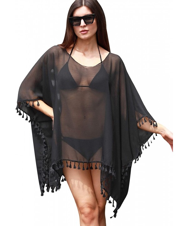 Women's Plus Size Swimsuit Cover Up Beach Tassel Chiffon Pool Swimwear Dress for Summer - Black - CJ1998Z9OEG $12.40-Cover-Ups