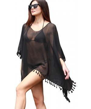 Women's Plus Size Swimsuit Cover Up Beach Tassel Chiffon Pool Swimwear Dress for Summer - Black - CJ1998Z9OEG $12.40-Cover-Ups