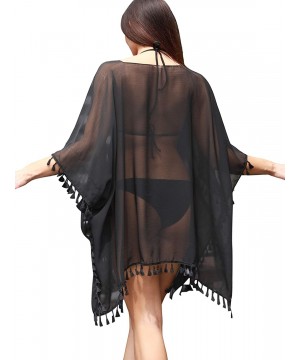 Women's Plus Size Swimsuit Cover Up Beach Tassel Chiffon Pool Swimwear Dress for Summer - Black - CJ1998Z9OEG $12.40-Cover-Ups