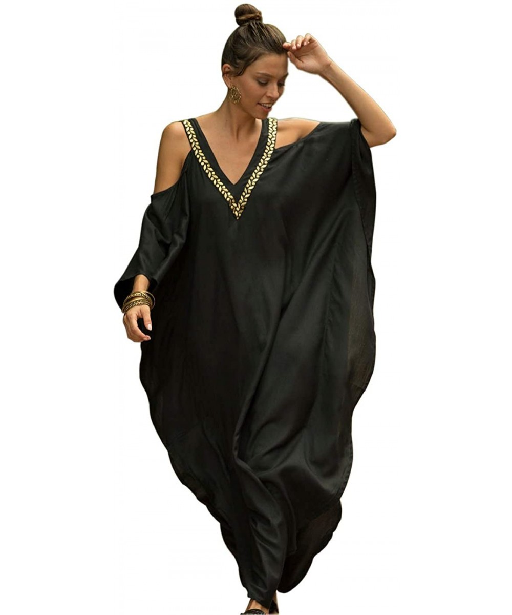 Plus Size Kaftan Dress- African Caftan Beach Cover Up- Bohemian Nightdress for Women - Black&off Shoulder - CP199GYRMKY $22.4...