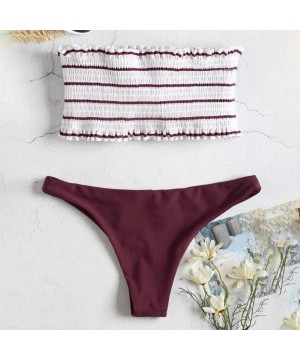 Women Two Piece Swimsuits Stripe Strapless Ruffle Bikini Swimwear Slim Elastic Bathing Suits - A-red - CX18O9EW6GS $12.78-Sets