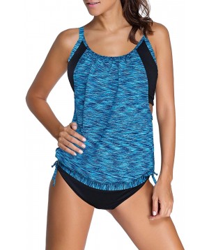 Women Stripes Print Sporty Double Up Layered Two Piece Tankini Sets Swimsuits - Sky Blue - C518TQKWKLC $19.51-Tankinis