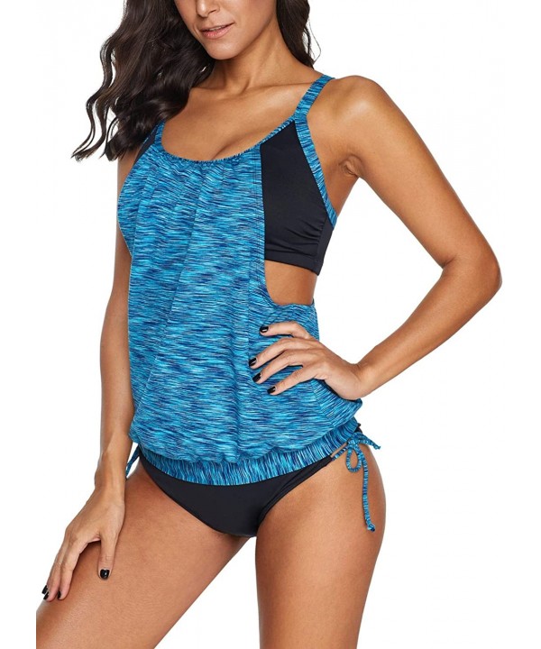 Women Stripes Print Sporty Double Up Layered Two Piece Tankini Sets Swimsuits - Sky Blue - C518TQKWKLC $19.51-Tankinis