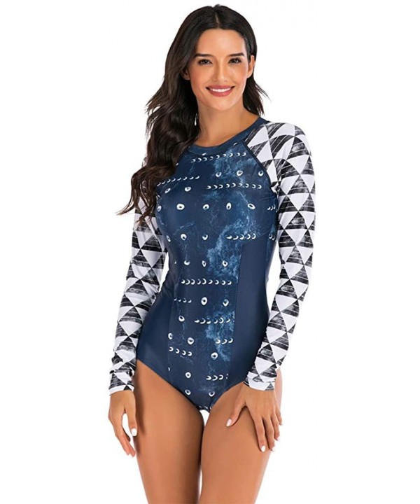 Womens Rashguard Swimsuit Zip Front Print Long Sleeve One Piece Swimwear - 2dark Blue - CP195SE6MLQ $25.46-Cover-Ups