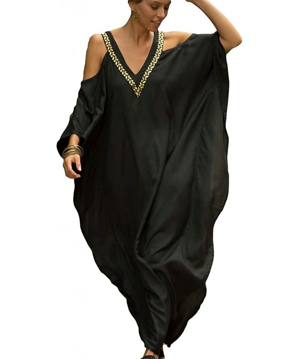 Women's Print Turkish Kaftan Beachwear Bikini Cover Up Maxi Dress - Black - CQ18ZSXXSDM $27.93-Cover-Ups