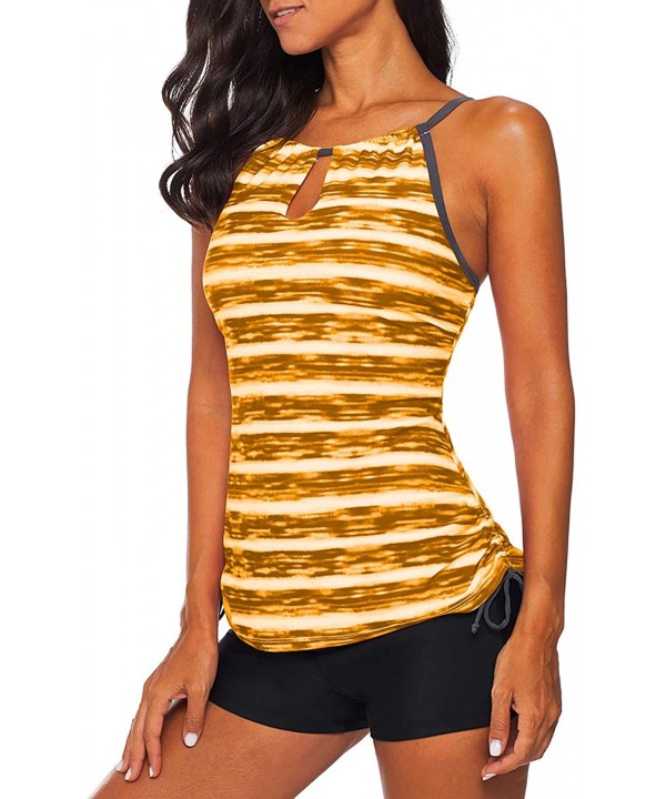 Women's 2 Pieces Stripe Printed Tankini Top Sets with Boyshort Swimsuits Swimwear - Yellow - CF1942HNWE9 $18.91-Tankinis