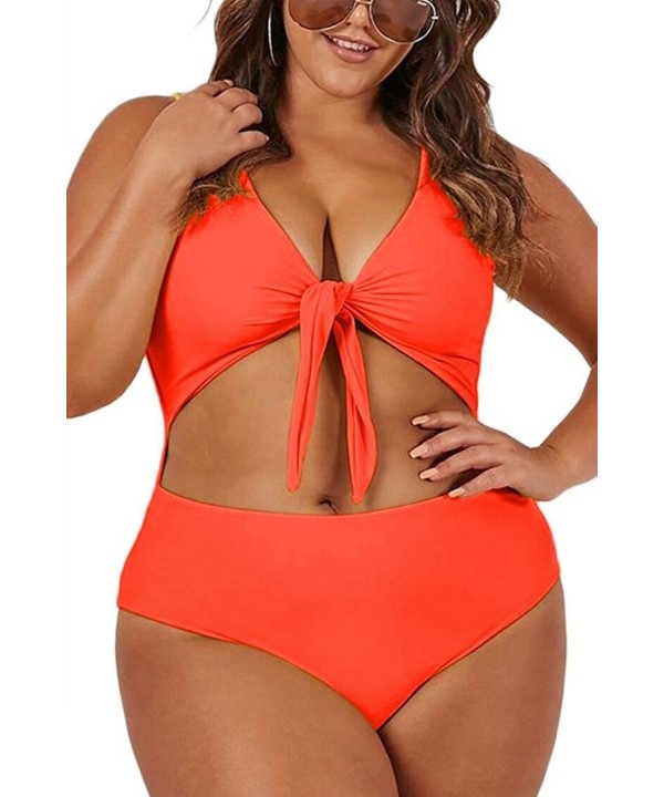 Women's Plus Size V Neck Tie Front Cutout One Piece Swimsuits Swimwear - Orange - C51943W36NS $27.24-One-Pieces