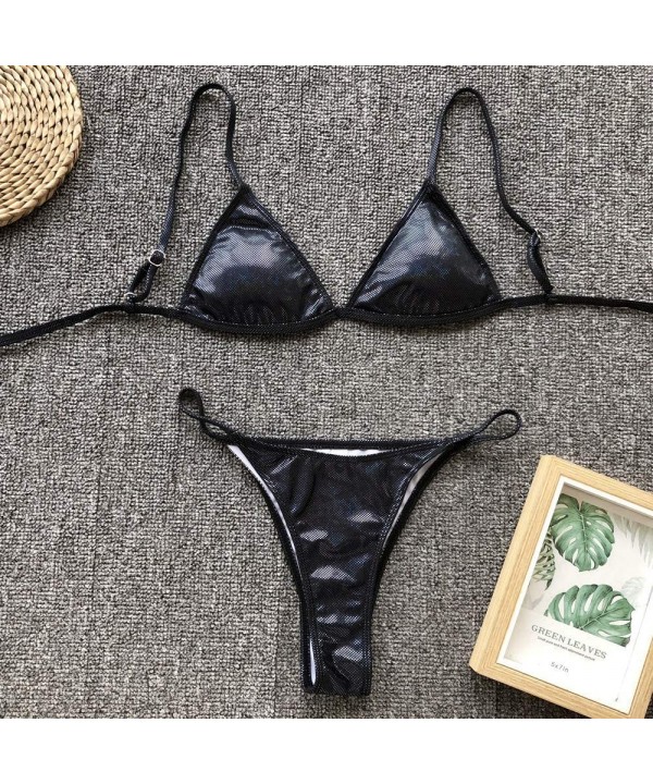 Bikini Swimsuit Womens High Waist Bathing Suits Brazilian Thong Swimwear Triangle Two Pieces - Black - CD194RD7IG4 $21.78-Sets