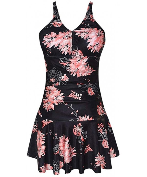 Women's Plus Size Swimdress Floral Halter One Piece Swimsuit Sweetheart Tankini - Black - CS1952O9MEE $12.31-One-Pieces