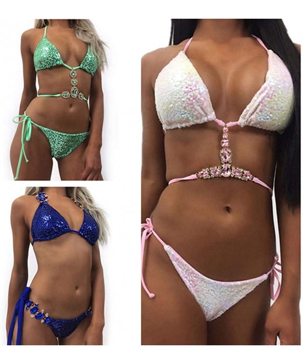 Women Crystal Drill Sequins Bikini Set Beach Swimwear Beachwear Swimsuit - White - CW18OEE4560 $13.57-Sets