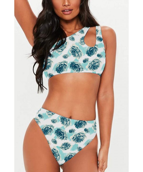 Women's Bikini Set Cutout One Shoulder High Waist Two Piece Swimsuit - Blue Floral - CY18RGWU36W $26.93-Sets