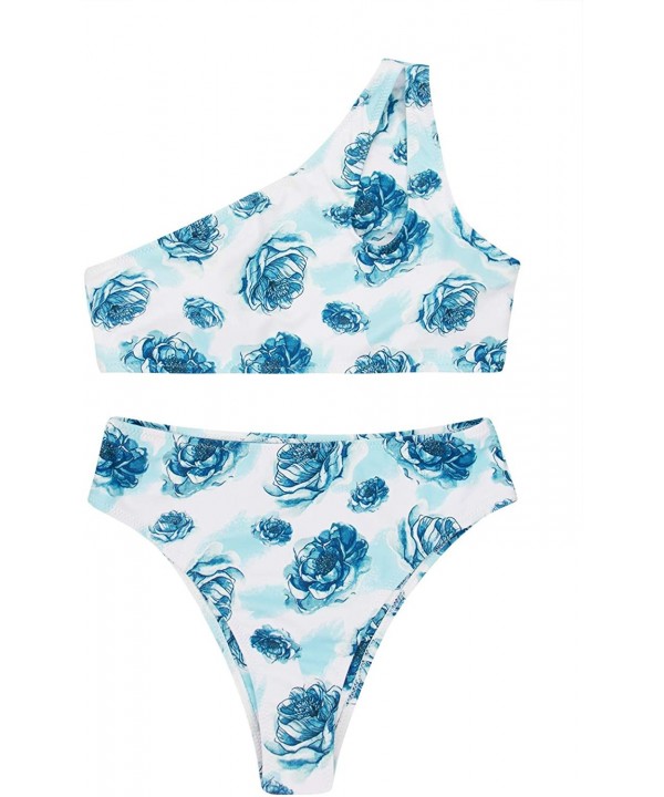 Women's Bikini Set Cutout One Shoulder High Waist Two Piece Swimsuit - Blue Floral - CY18RGWU36W $26.93-Sets