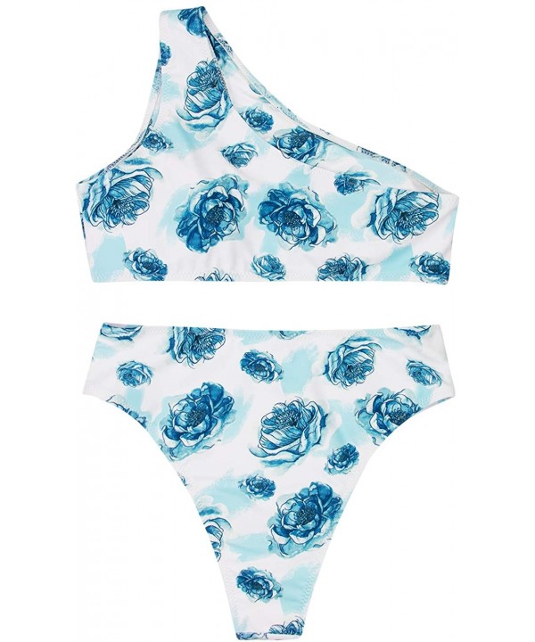 Women's Bikini Set Cutout One Shoulder High Waist Two Piece Swimsuit - Blue Floral - CY18RGWU36W $26.93-Sets