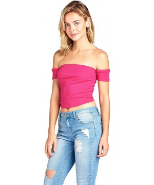 Short Sleeve Ribbed Tube Off Shoulder Crop Top - Rose Fuchsia - CP18D5AYU93 $10.22-Tankinis