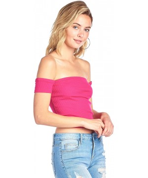 Short Sleeve Ribbed Tube Off Shoulder Crop Top - Rose Fuchsia - CP18D5AYU93 $10.22-Tankinis