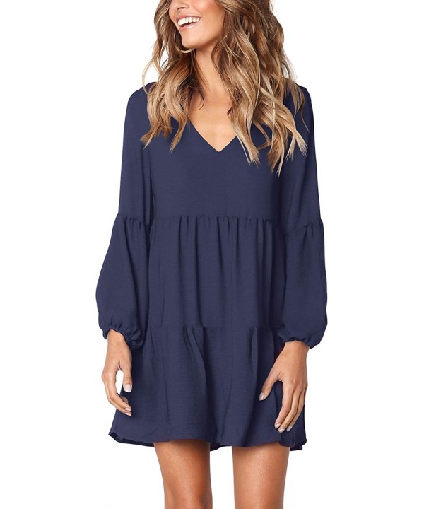 Women's Long Sleeve Tunic Dress V Neck Casual Loose Fall Flowy Swing Shift Dresses - Navy Blue - C018ZEO0N3T $19.52-Cover-Ups