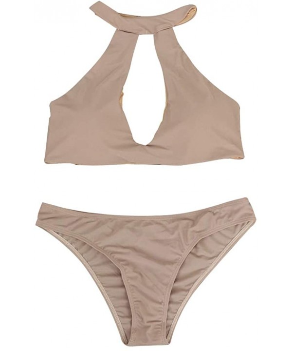 Women Swimsuits Round Collar Swimwear Low-Waisted Bikini - Khaki - C118U30AT4O $15.19-Racing