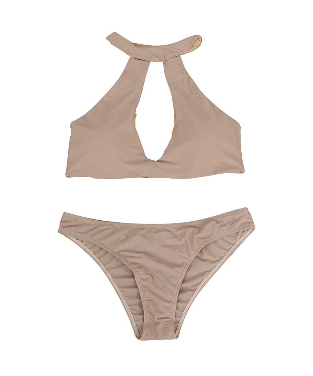 Women Swimsuits Round Collar Swimwear Low-Waisted Bikini - Khaki - C118U30AT4O $15.19-Racing