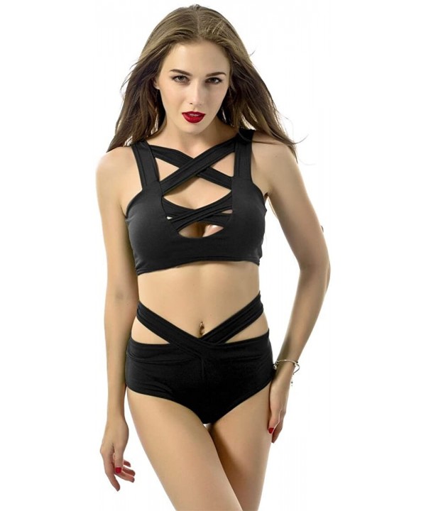 Women's Sexy Criss Cross High Waist Bandage 2PCS Bikini Set Swimsuit - Black - CJ182OY4HO5 $9.61-Tankinis