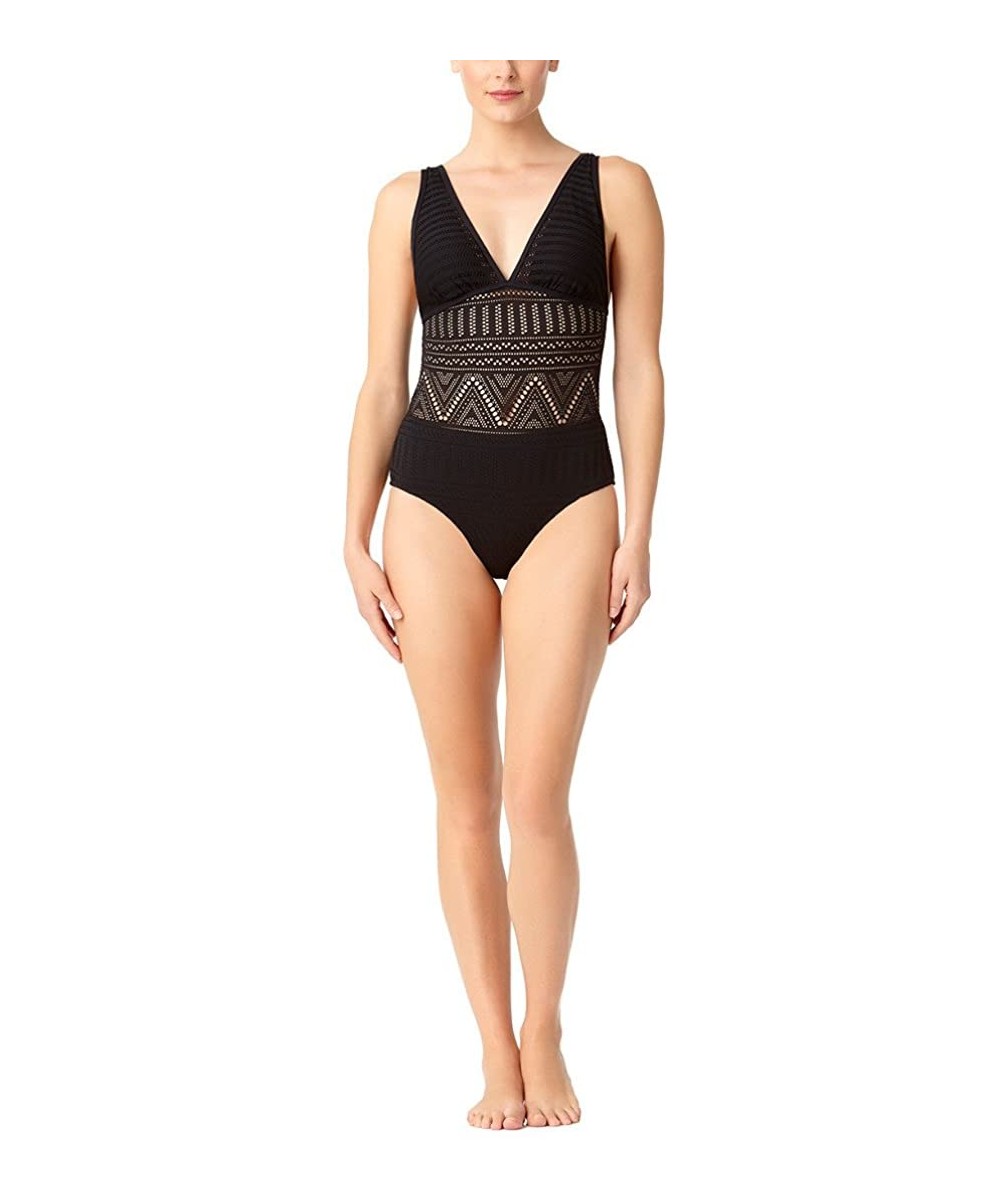 Women's Crochet V Neck Sexy One Piece Swimsuit - Black - C41868W38E0 $48.77-One-Pieces