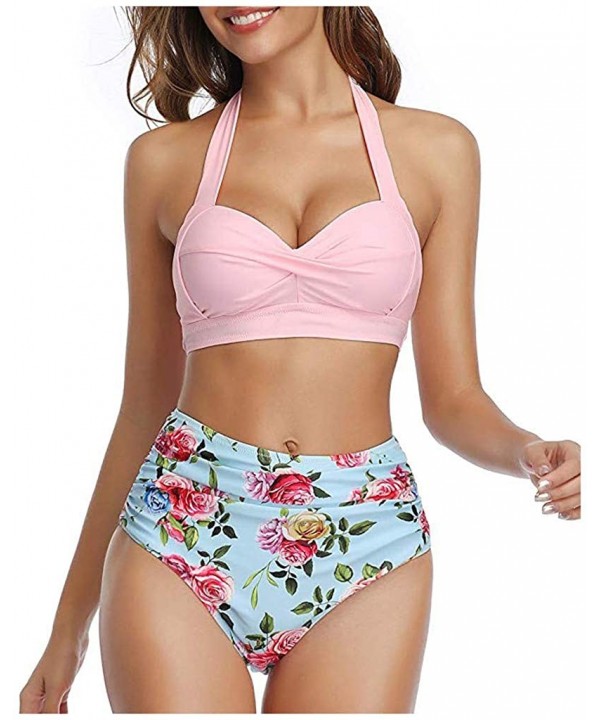 Women Vintage Swimsuit Two Piece Retro Halter Ruched High Waist Bikini - Pink Floral - CM194XT7WWG $12.40-Sets