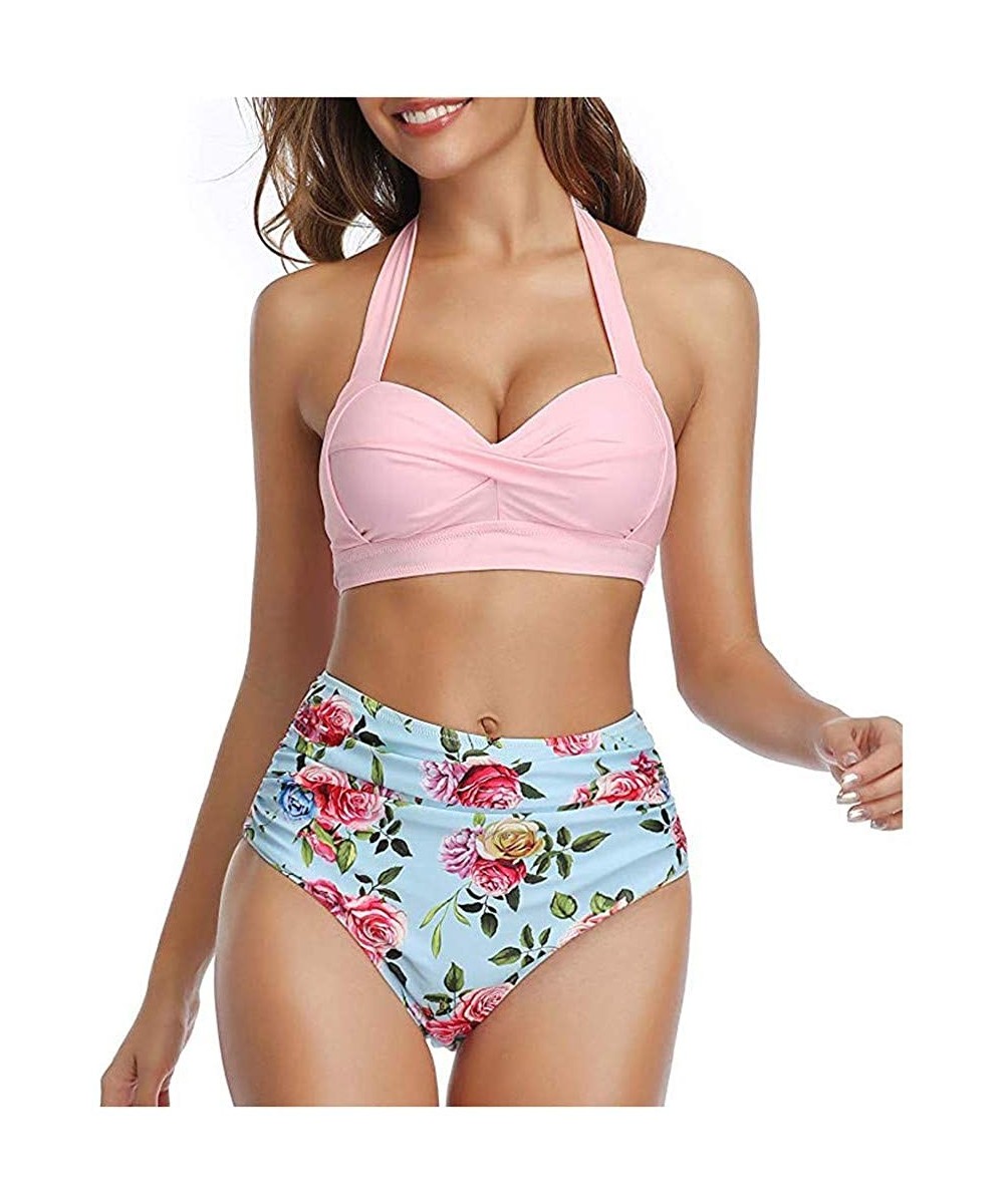 Women Vintage Swimsuit Two Piece Retro Halter Ruched High Waist Bikini - Pink Floral - CM194XT7WWG $12.40-Sets