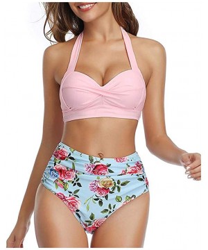 Women Vintage Swimsuit Two Piece Retro Halter Ruched High Waist Bikini - Pink Floral - CM194XT7WWG $12.40-Sets