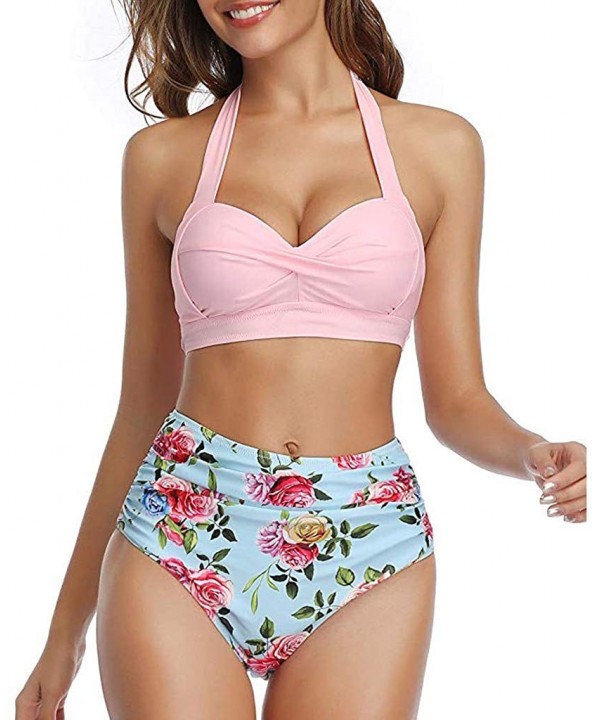 Women Vintage Swimsuit Two Piece Retro Halter Ruched High Waist Bikini - Pink Floral - CM194XT7WWG $12.40-Sets