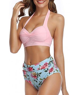 Women Vintage Swimsuit Two Piece Retro Halter Ruched High Waist Bikini - Pink Floral - CM194XT7WWG $12.40-Sets