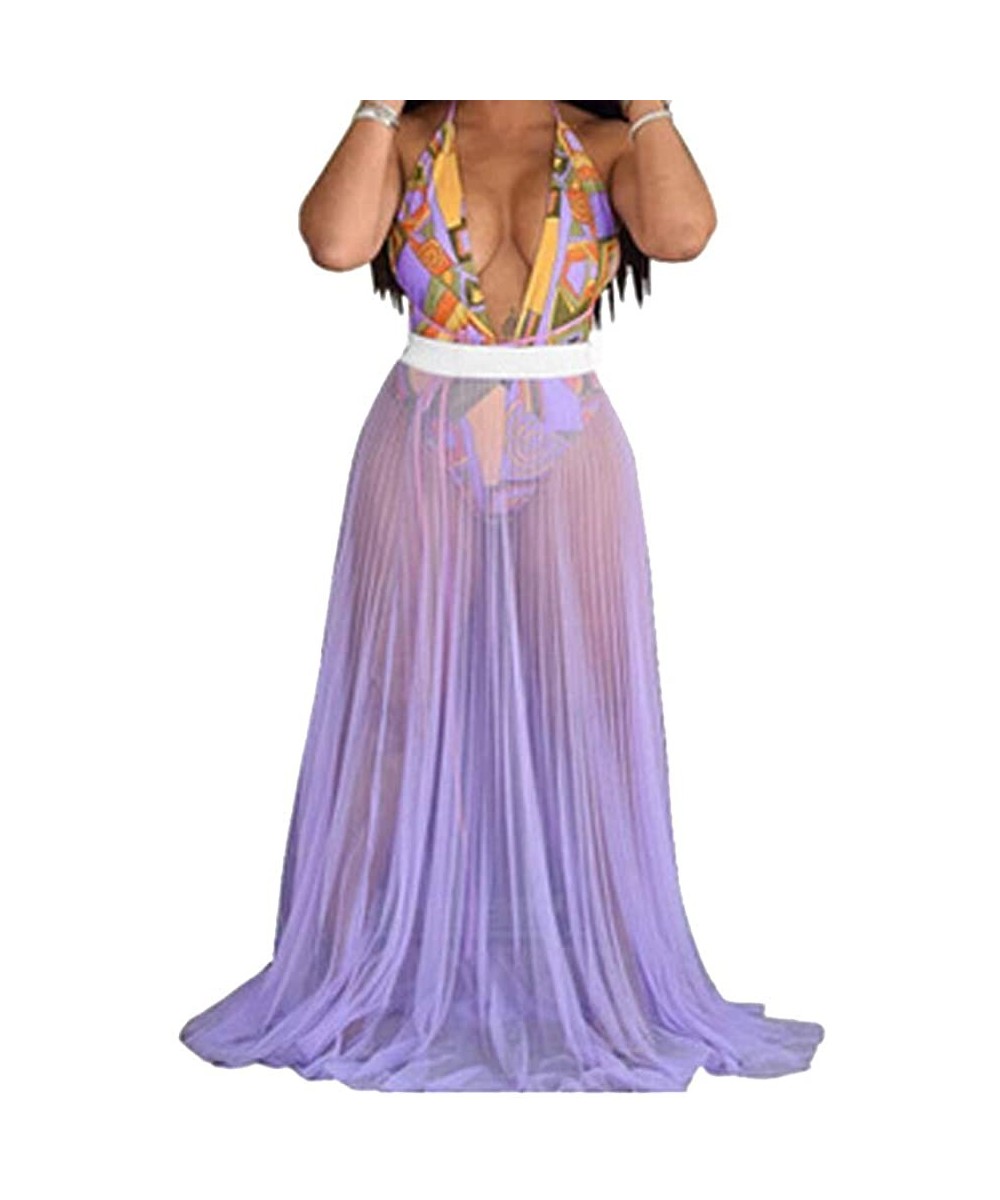 Sexy Women See Through Pleated Swimsuit Cover Up Skirts Dress Summer Beach Cover-up Dresses - Purple - CC18RCOLC9S $12.59-Cov...