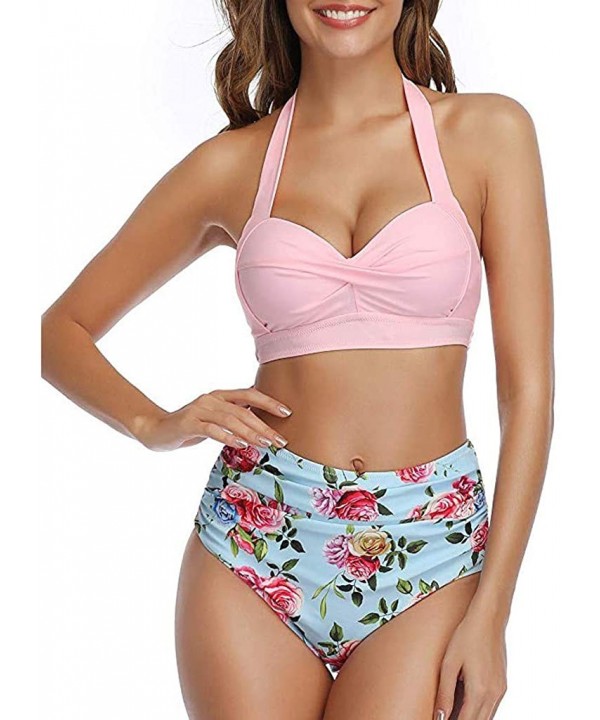 Women Vintage Swimsuit Two Piece Retro Halter Ruched High Waist Bikini - Pink Floral - CM194XT7WWG $12.40-Sets