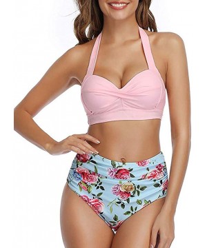 Women Vintage Swimsuit Two Piece Retro Halter Ruched High Waist Bikini - Pink Floral - CM194XT7WWG $12.40-Sets