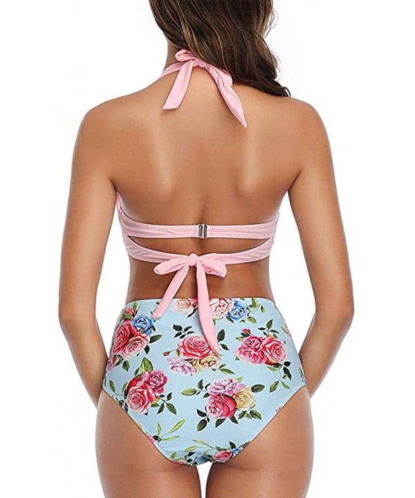 Women Vintage Swimsuit Two Piece Retro Halter Ruched High Waist Bikini - Pink Floral - CM194XT7WWG $12.40-Sets