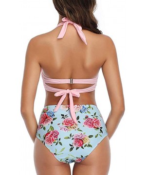 Women Vintage Swimsuit Two Piece Retro Halter Ruched High Waist Bikini - Pink Floral - CM194XT7WWG $12.40-Sets