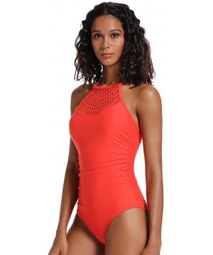 Women's Laser Cut High Neck One Piece Swimsuit Halter Tommy Control Bathing Suit - Red - C018WXEQGG2 $20.73-One-Pieces