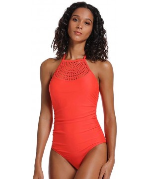 Women's Laser Cut High Neck One Piece Swimsuit Halter Tommy Control Bathing Suit - Red - C018WXEQGG2 $20.73-One-Pieces