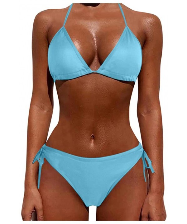 Women Tie Side Bottom Padded Top Triangle Bikini String Beach Bathing Suit Two Piece Swimsuit - Blue - CO196OYNLHQ $10.94-Bot...