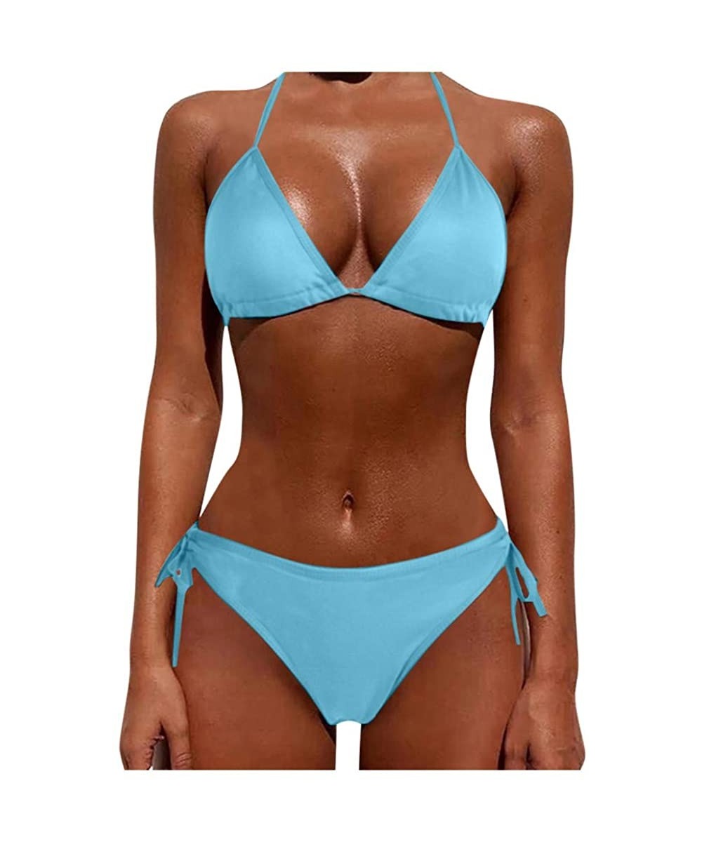 Women Tie Side Bottom Padded Top Triangle Bikini String Beach Bathing Suit Two Piece Swimsuit - Blue - CO196OYNLHQ $10.94-Bot...