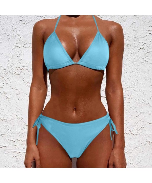 Women Tie Side Bottom Padded Top Triangle Bikini String Beach Bathing Suit Two Piece Swimsuit - Blue - CO196OYNLHQ $10.94-Bot...