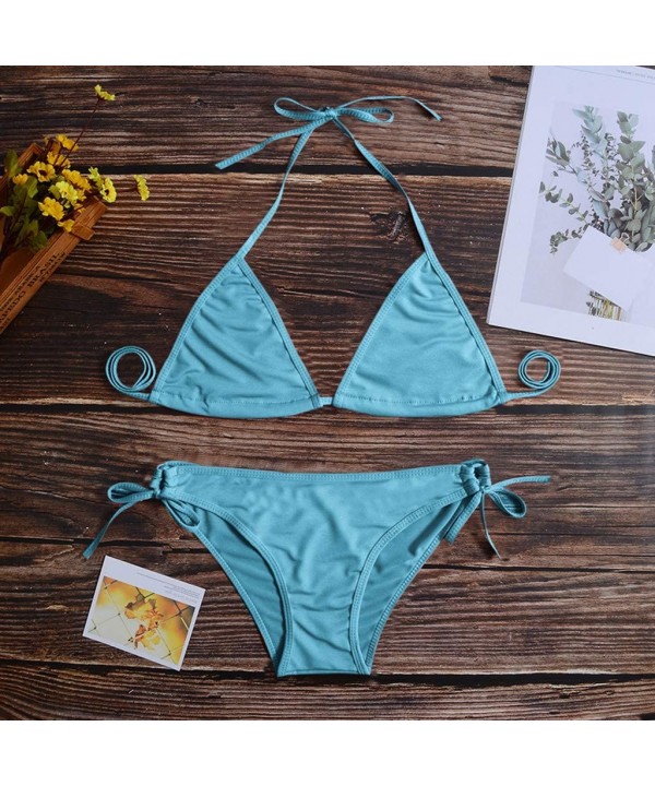 Women Tie Side Bottom Padded Top Triangle Bikini String Beach Bathing Suit Two Piece Swimsuit - Blue - CO196OYNLHQ $10.94-Bot...